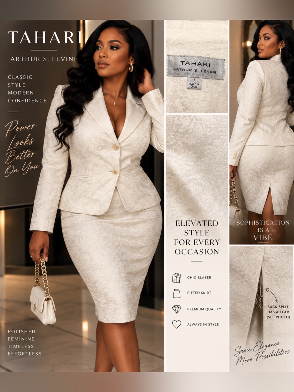 Tahari Cream Suit Textured Pencil Skirt and Blazer - Tailored Elegance size 8